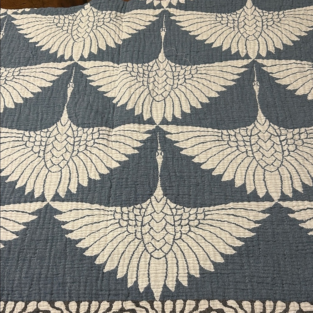Birds in Flight Cranes Throw Blanket in Peacock Teal Ecru White Woven 2 Side NEW